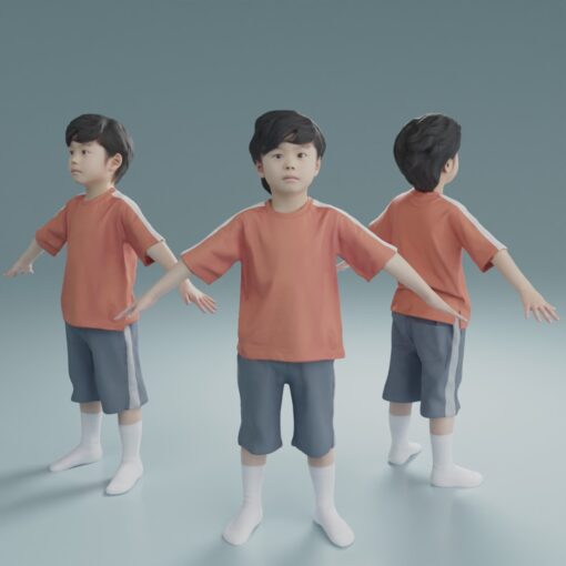3Dモデル子供素材-男の子オレンジ色のTシャツ
