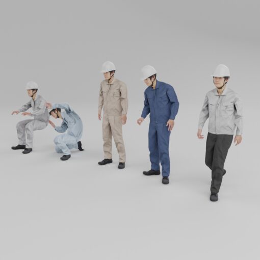 作業服を着た3D人素材アニメーション-ヘルメット