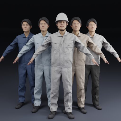 作業服の人3Dモデル素材-ヘルメット-グレー-ベージュ-薄い水色