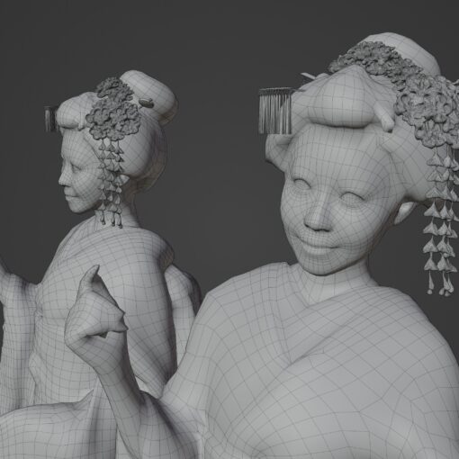 陰線表示-和服日本髪女性3Dモデル